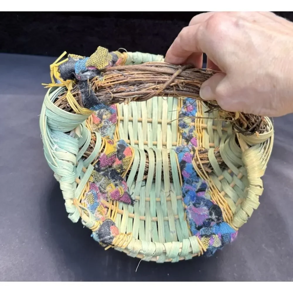 Vintage Woven African Egg Basket Super Colorful With Rag Bead Accents